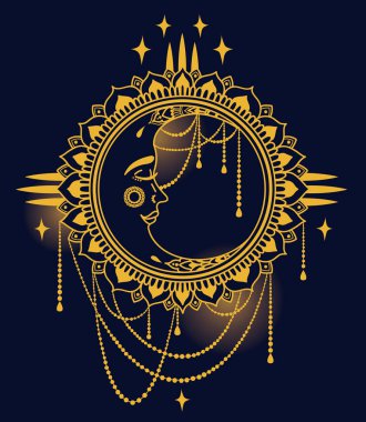Poster boho stil moon ile yüz ve mücevherler, vektör çizim ile