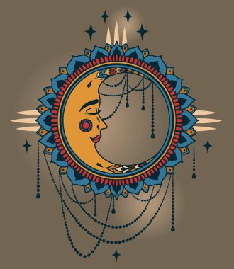 Poster boho stil moon ile yüz ve mücevherler, vektör çizim ile