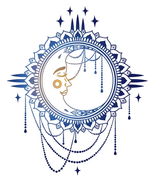Poster boho stil moon ile yüz ve mücevherler, vektör çizim ile