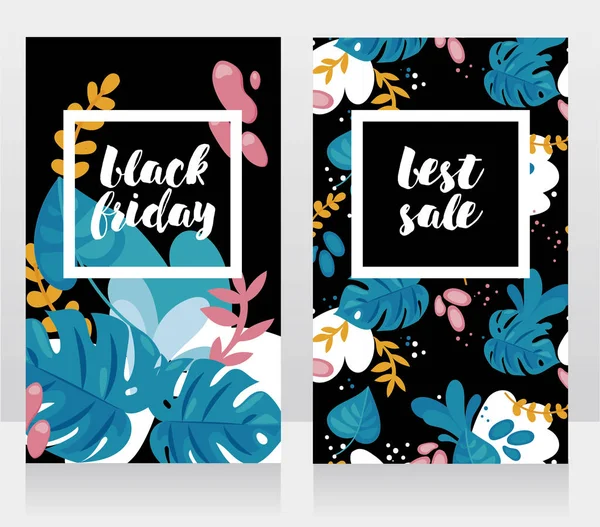 Zwei Karten Für Den Black Friday Verkauf Tropisches Design Vektorillustration — Stockvektor