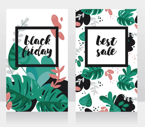 Dos Tarjetas Para Venta Viernes Negro Diseño Tropical Ilustración Vectorial — Vector de stock