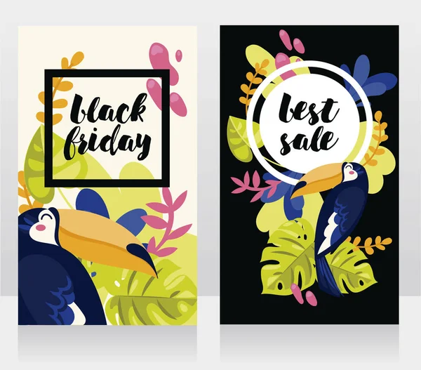 Zwei Karten Für Den Black Friday Verkauf Design Mit Tropischen — Stockvektor
