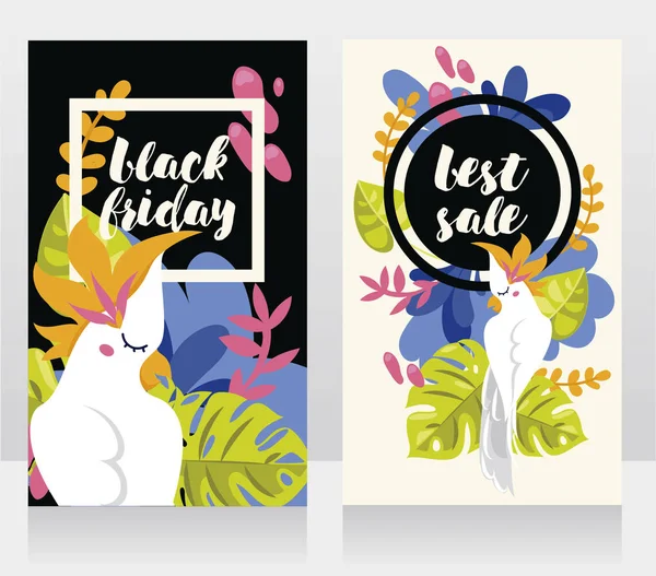 Két Kártya Eladó Fekete Péntek Trópusi Levelek Fehér Aranyos Papagáj — Stock Vector