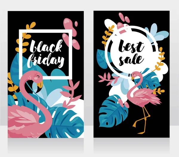 Two Cards Black Friday Sale Design Tropical Leaves Flamingo Vector — Stock Vector