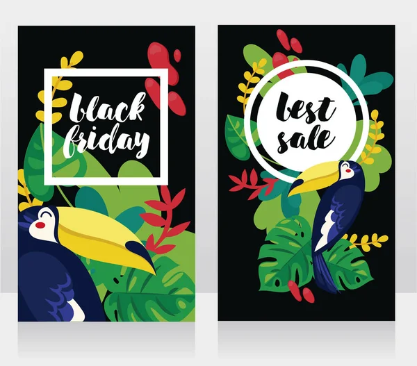 Due Carte Vendita Venerdì Nero Disegno Con Foglie Tropicali Uccello — Vettoriale Stock
