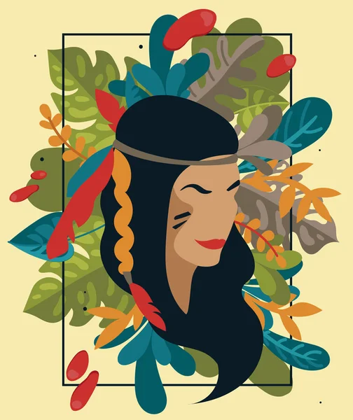 Affiche Avec Silhouette Femme Indienne Américaine Cadre Formé Feuilles Tropicales — Image vectorielle