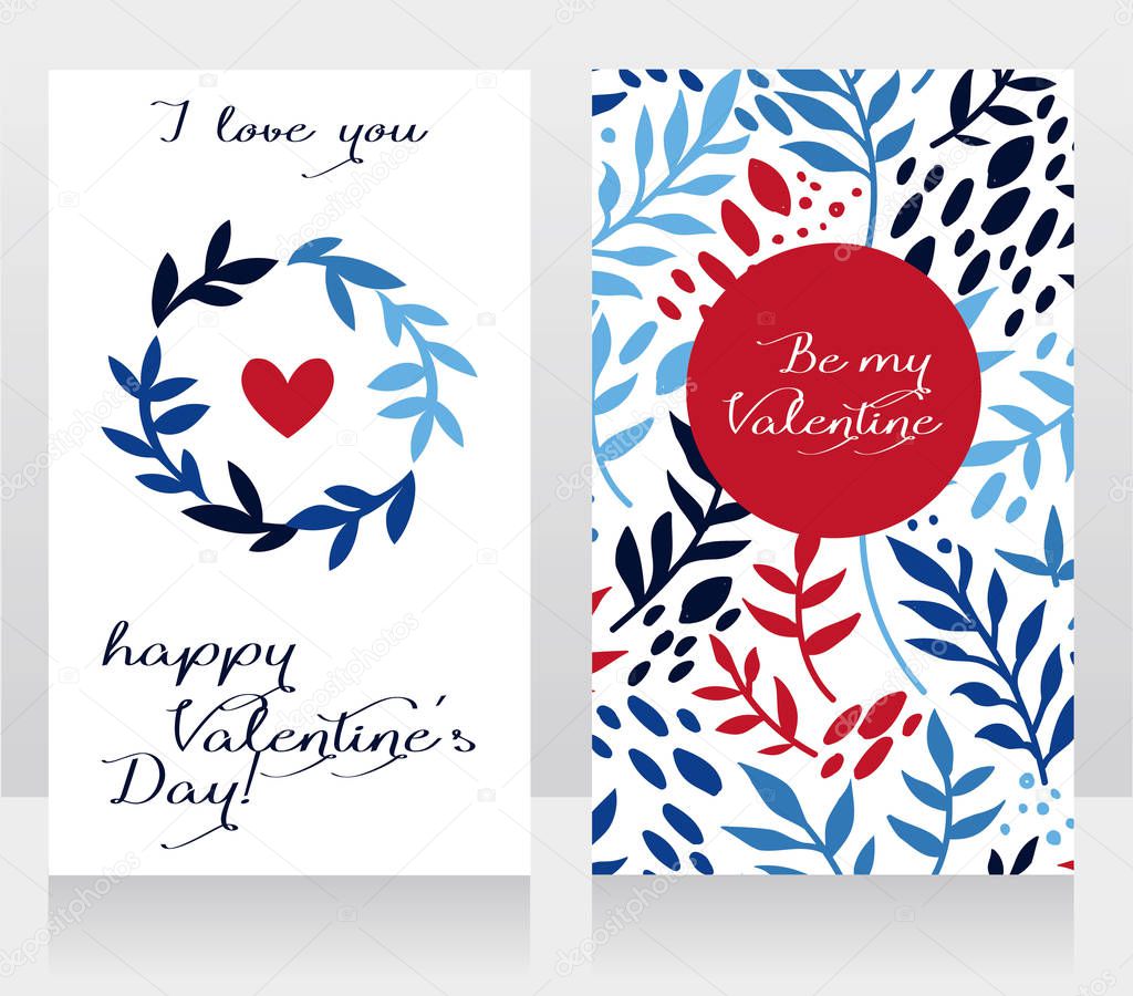 greeting cards for valentine's day with leaves and heart, vector illustration