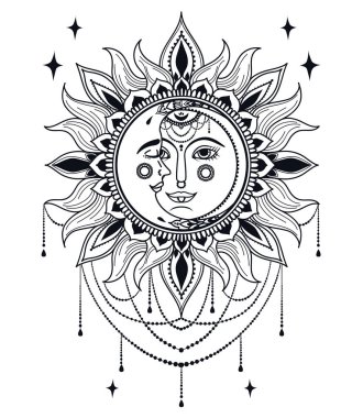 Poster ile güneş ve ay yüzler ve mücevherler, boho stil vektör çizim