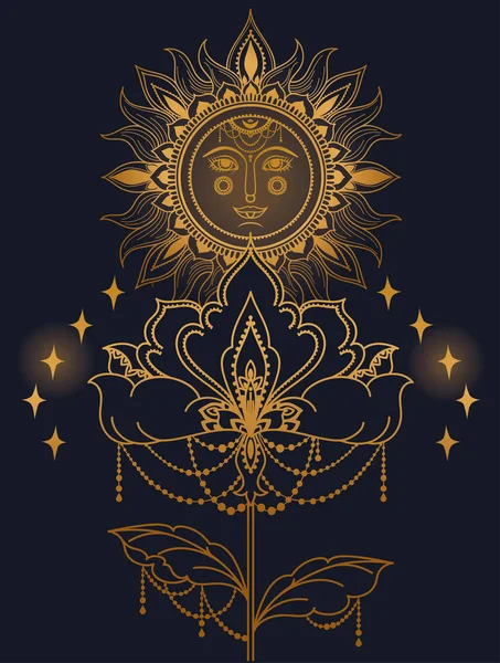 Affisch Med Boho Stil Sol Med Ansikte Och Orientalisk Blomma — Stock vektor