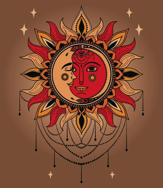 Manifesto Con Sole Luna Volti Gioielli Boho Stile Vettoriale Illustrazione — Vettoriale Stock