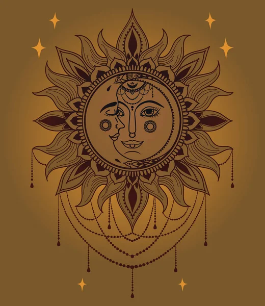 Cartel Con Caras Joyas Sol Luna Ilustración Vectorial Estilo Boho — Archivo Imágenes Vectoriales