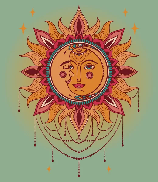 Affisch Med Solen Och Månen Ansikten Och Juveler Boho Stil — Stock vektor