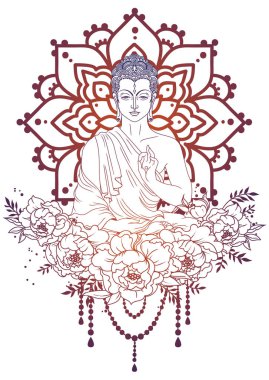Buda'nın büyülü mandala ve peonies kareye, meditasyonda tebrik kartı Buda Doğum günü, vektör çizim kullanılabilir 