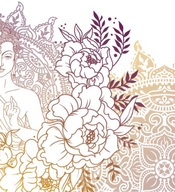 Buda'nın büyülü mandala ve peonies kareye, meditasyonda tebrik kartı Buda Doğum günü, vektör çizim kullanılabilir 