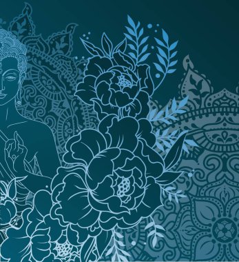 Buda'nın büyülü mandala ve peonies kareye, meditasyonda tebrik kartı Buda Doğum günü, vektör çizim kullanılabilir 