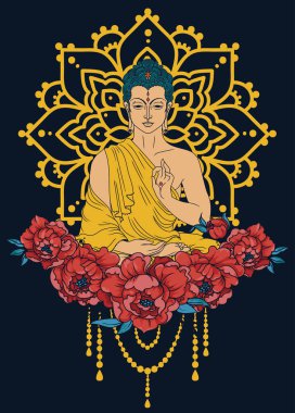 Buda'nın büyülü mandala ve peonies kareye, meditasyonda tebrik kartı Buda Doğum günü, vektör çizim kullanılabilir 