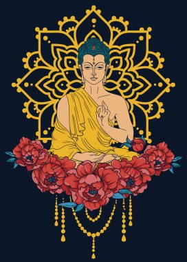 Buddha in meditation on magical mandala and peonies frame, can be used as greeting card for buddha birthday, vector illustration  clipart