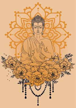 Buda'nın büyülü mandala ve peonies kareye, meditasyonda tebrik kartı Buda Doğum günü, vektör çizim kullanılabilir 