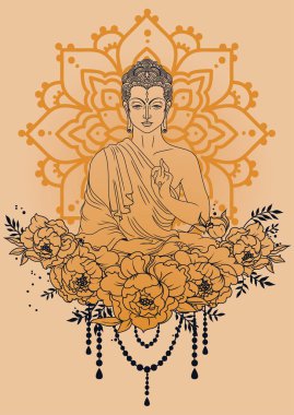Buddha in meditation on magical mandala and peonies frame, can be used as greeting card for buddha birthday, vector illustration  clipart