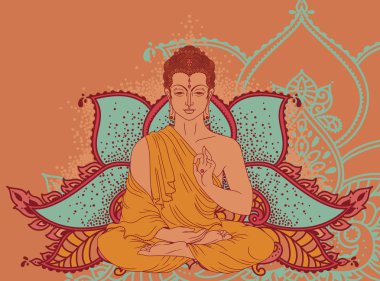 Meditasyon üzerinde stilize lotus çiçeği, buda buda Doğum günü, vektör çizim tebrik kartı kullanılabilir 