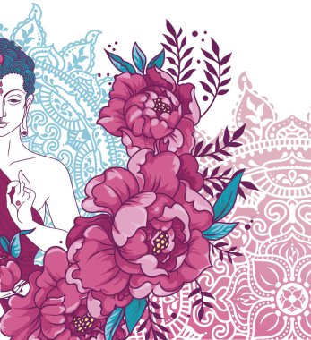 Buda'nın büyülü mandala ve peonies kareye, meditasyonda tebrik kartı Buda Doğum günü, vektör çizim kullanılabilir 