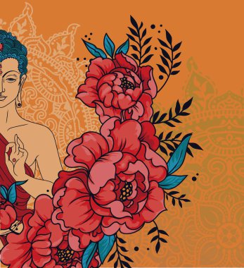 Buda'nın büyülü mandala ve peonies kareye, meditasyonda tebrik kartı Buda Doğum günü, vektör çizim kullanılabilir 