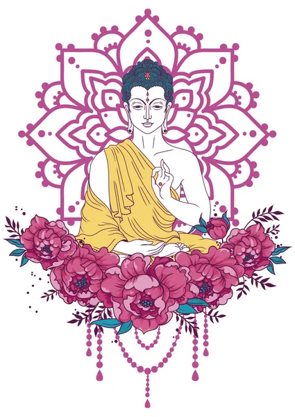 Buddha Meditation Über Magische Mandala Und Pfingstrosen Rahmen Kann Als — Stockvektor