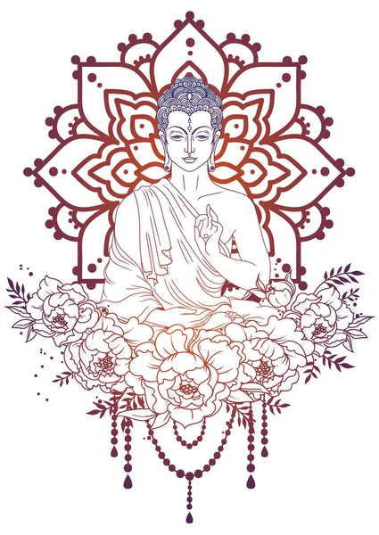 Buddha Meditáció Varázslatos Mandala Pünkösdi Rózsa Keret Lehet Használni Mint — Stock Vector