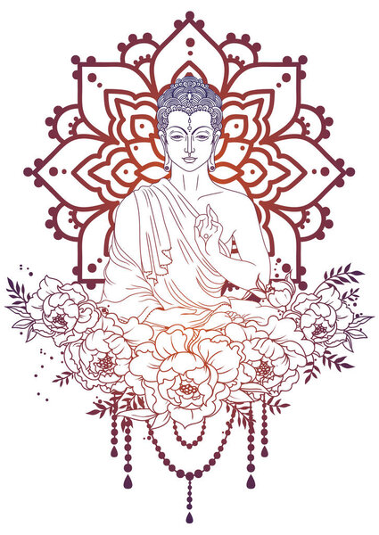 Buddha in meditation on magical mandala and peonies frame, can be used as greeting card for buddha birthday, vector illustration 