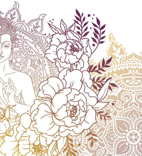 Bouddha Méditation Sur Mandala Magique Cadre Des Pivoines Peut Être — Image vectorielle