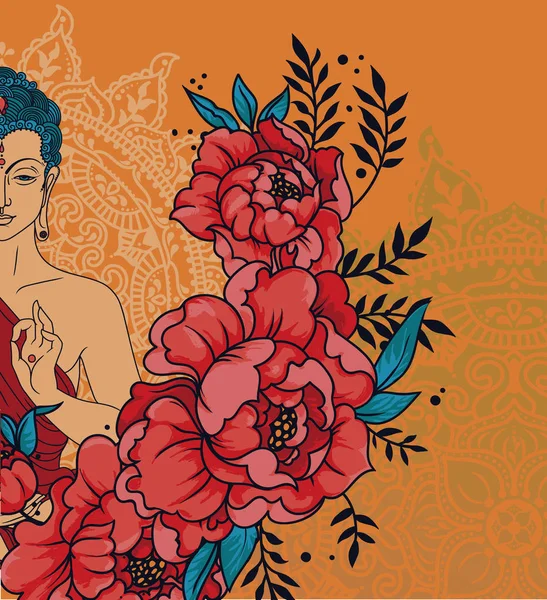 佛陀在冥想神奇的曼陀罗和牡丹框架 可以作为佛经生日的贺卡 矢量插图 — 图库矢量图片