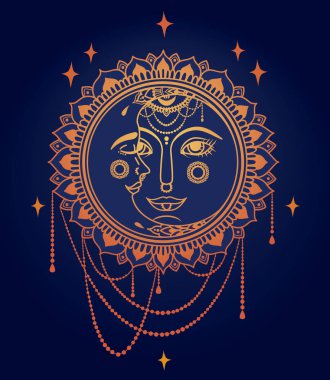 Güneş ve ay yüzler ve mücevher, boho stil vektör çizim