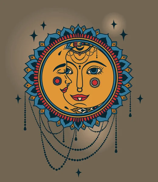 太阳和月亮面孔和珠宝 Boho 样式向量例证 — 图库矢量图片