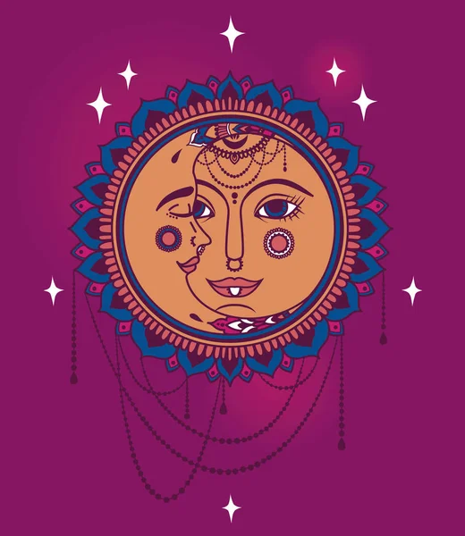 Sol Lua Rostos Jóias Boho Estilo Vetor Ilustração — Vetor de Stock