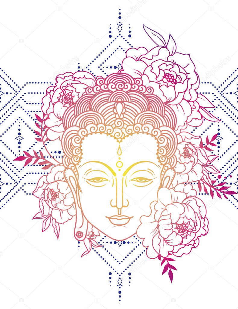 Buddha head and peonies frame, can be used as greeting card for buddha birthday, vector illustration 