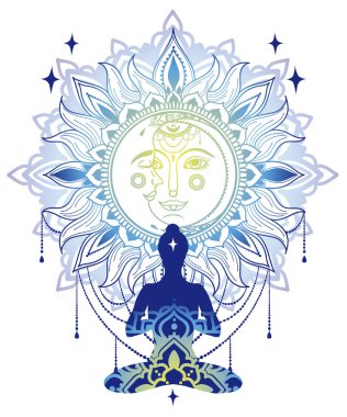 meditasyon ile insan lotus asana ve famtasy ay ve güneş süsleme, vektör çizim için banner