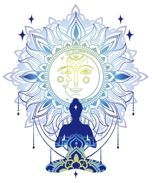 баннер для медитации с человеком в лотосе асана и Famtasy луны и солнца украшения, векторные иллюстрации
