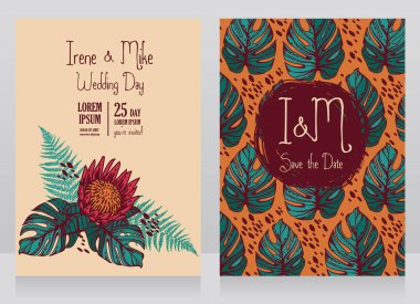 İki düğün kartı tropikal yapraklar ve çiçekler, vektör çizim ile 