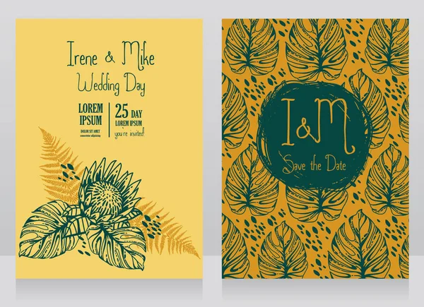 Dois Cartões Casamento Com Folhas Flores Tropicais Ilustração Vetorial —  Vetores de Stock