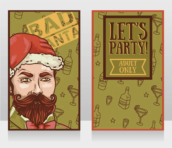 Two Banners Bad Santa Party Attractive Man Santa Hat Vector — Stock Vector