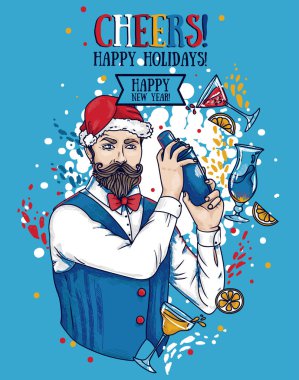 Noel ve yeni yıl partisi ile çekici barmen Santa şapka ve kokteyller, vektör çizim için poster