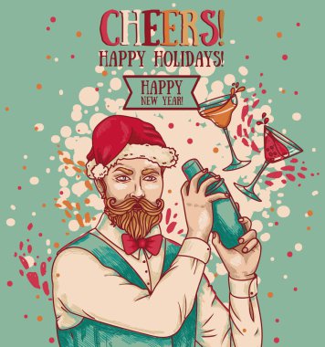 Noel ve yeni yıl partisi ile çekici barmen Santa şapka ve kokteyller, vektör çizim için poster