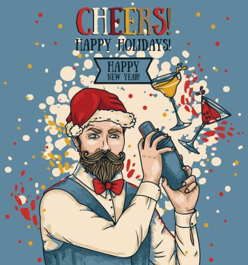 Noel ve yeni yıl partisi ile çekici barmen Santa şapka ve kokteyller, vektör çizim için poster