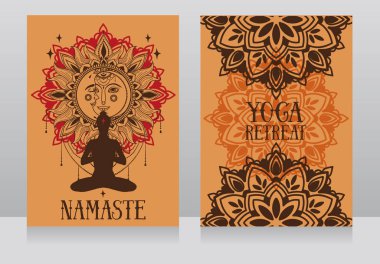 Banner için yoga studio ya da yoga merkezine insan lotus asana ve fantezi mandala süsleme, vektör çizim ile