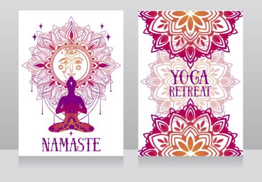 Banner için yoga studio ya da yoga merkezine insan lotus asana ve fantezi mandala süsleme, vektör çizim ile