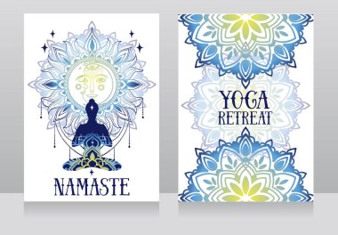 Banner için yoga studio ya da yoga merkezine insan lotus asana ve fantezi mandala süsleme, vektör çizim ile