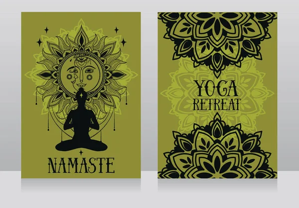 Banner için yoga studio ya da yoga merkezine insan lotus asana ve fantezi mandala süsleme, vektör çizim ile