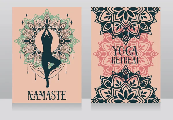 瞑想とヨガのアサナとファンタジー マンダラ飾り ベクトル図での人間の精神的な旅行のためのバナー — ストックベクタ