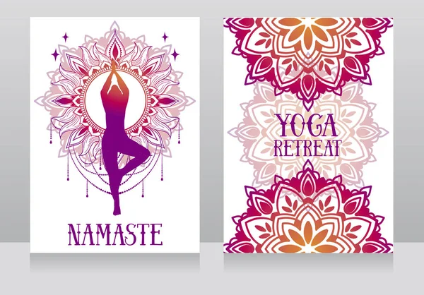 meditasyon ve yoga asana ve fantezi mandala süsleme, vektör çizim insan ile manevi seyahat için banner