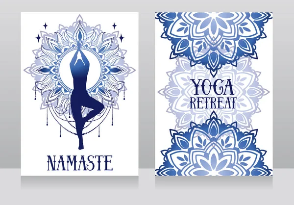 Bannière Pour Méditation Voyage Spirituel Avec Humain Dans Yoga Asana — Image vectorielle
